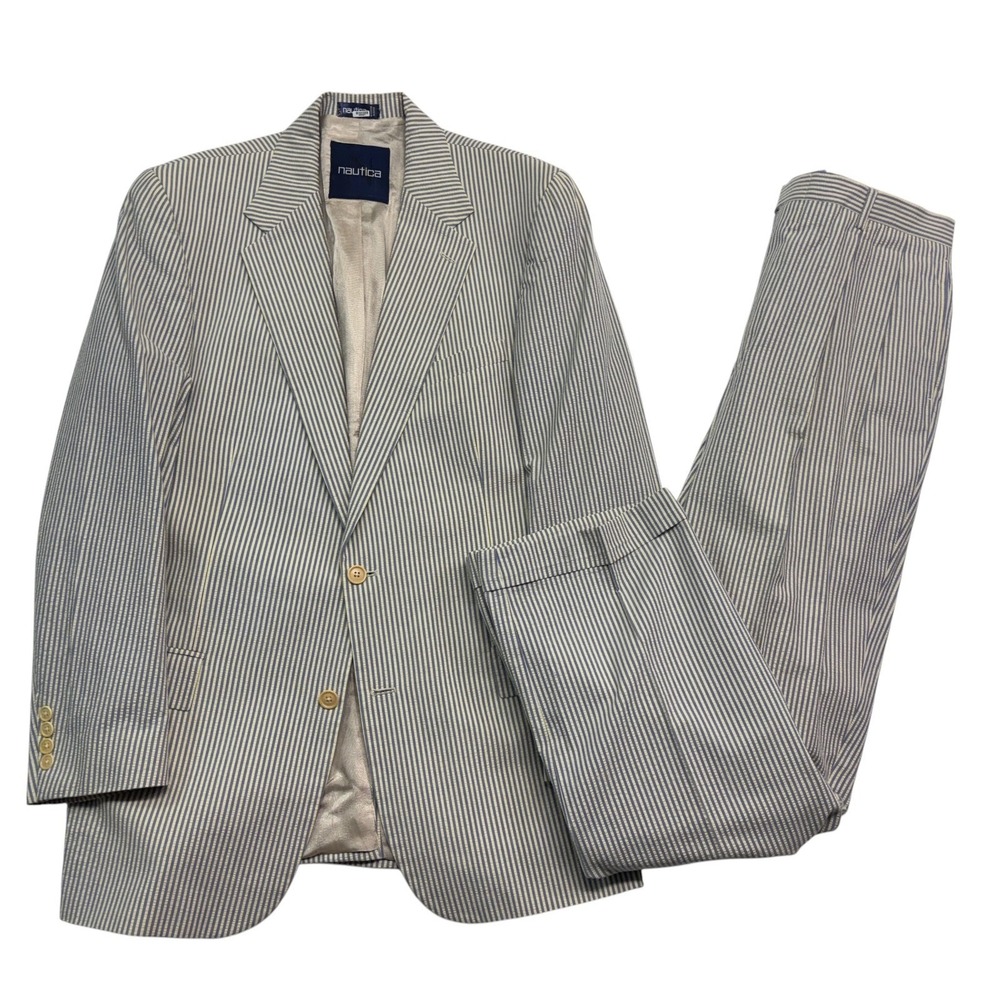 Nautica 40L 34x34 Blue White Stripe Seersucker 2pc Pant Suit Cotton Pleated Cuff